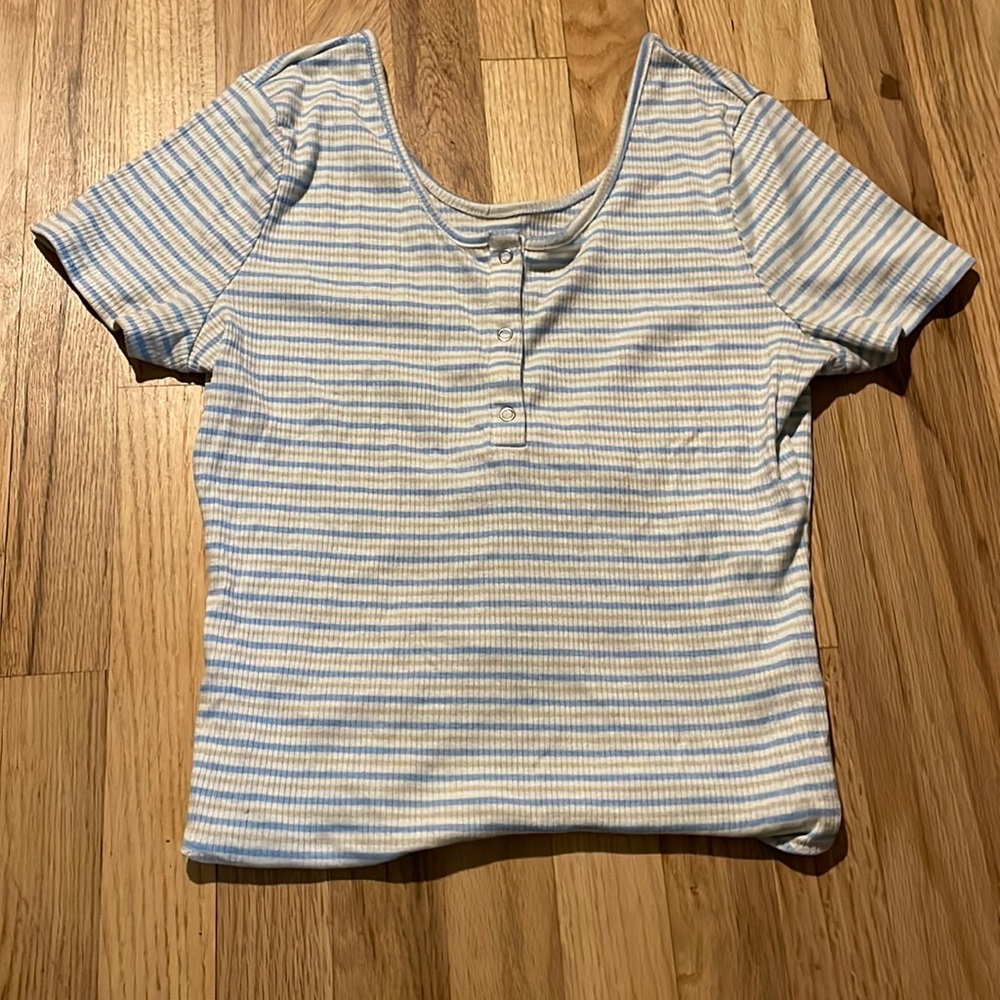 Blue and tan striped body suit